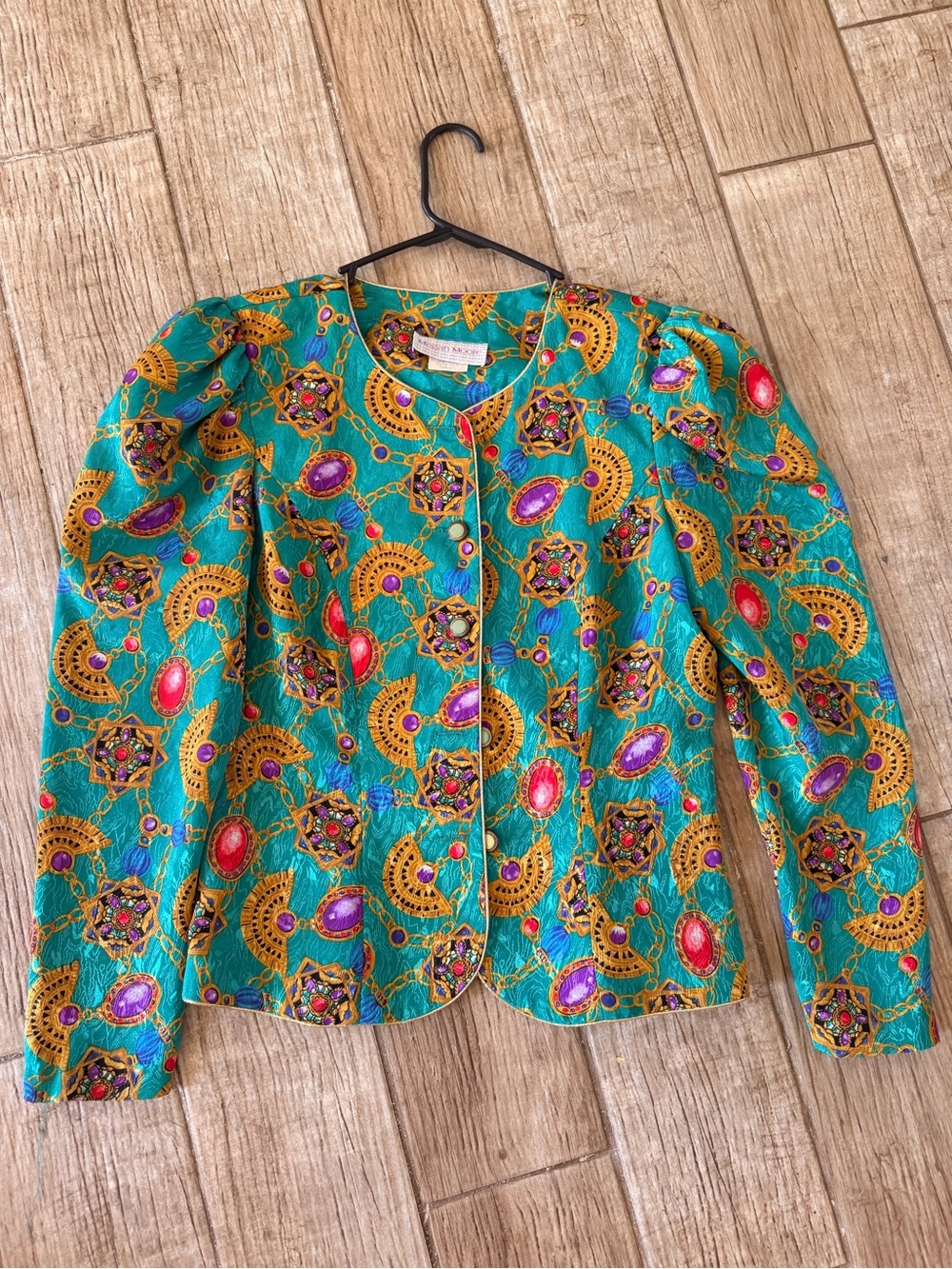 Vintage Vibrant Teal Jewel-Print Button Up
